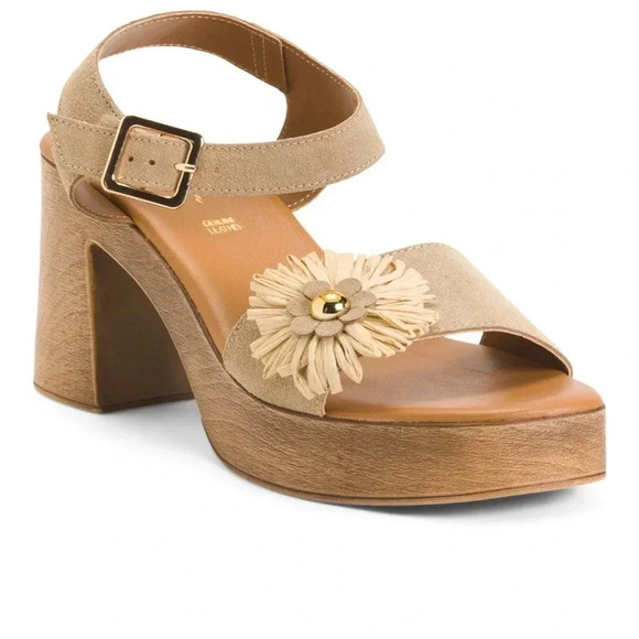 Avellini Suede & Leather Heel Sandals Size 9 Tan Flower NEW EUR 40 Block Heel - Picture 1 of 12